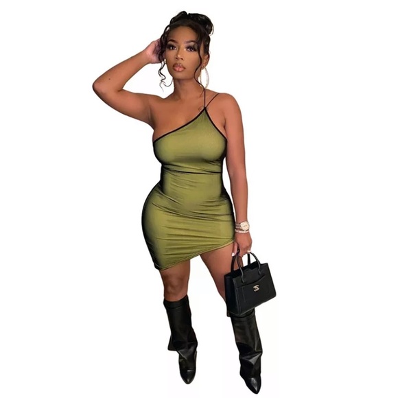 NEW Green Mesh One Strap Fitted Mini Angled Dress - Picture 14 of 16